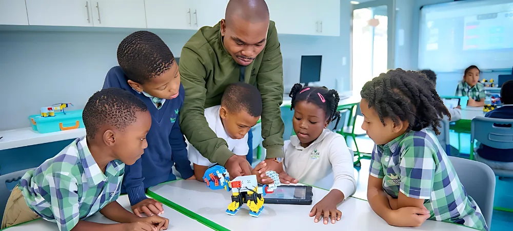 Teacher guiding young learners during a robotics activity